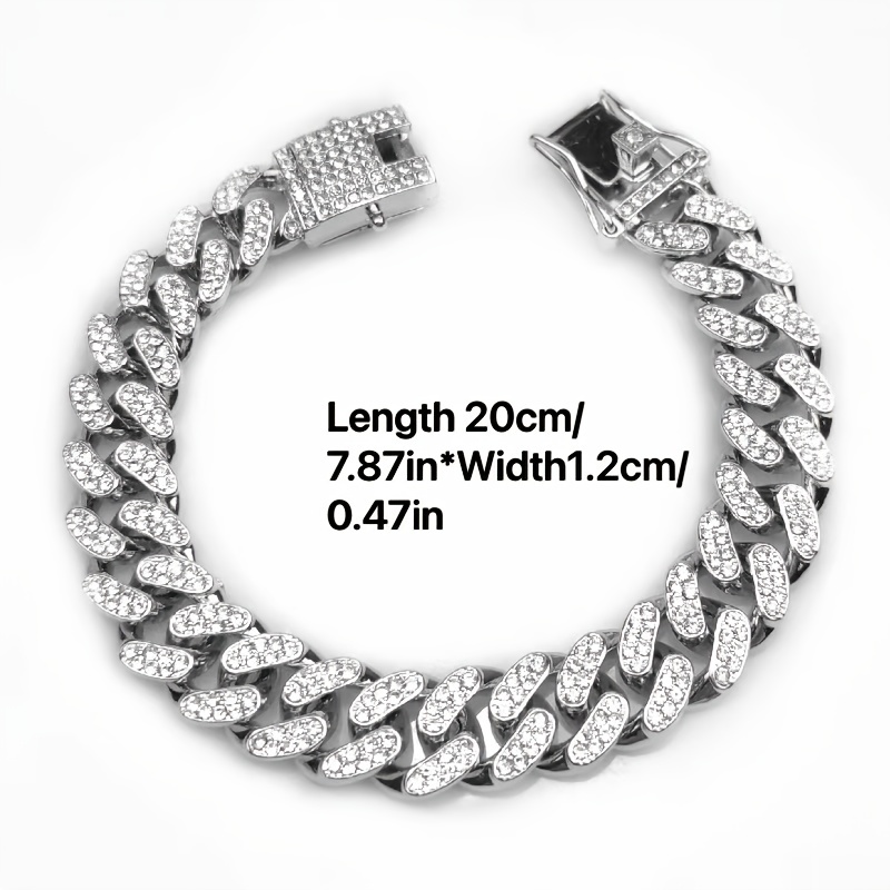 12mm Cuban Link Bracelet Silver Plated Rhinestone Hip Hop Jewelry